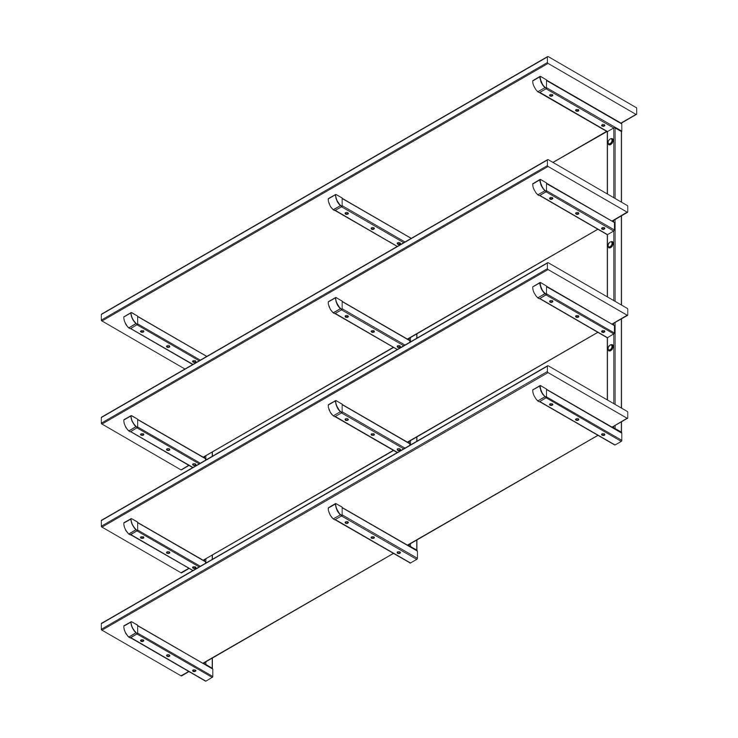 Four tier wall fixed shelving system